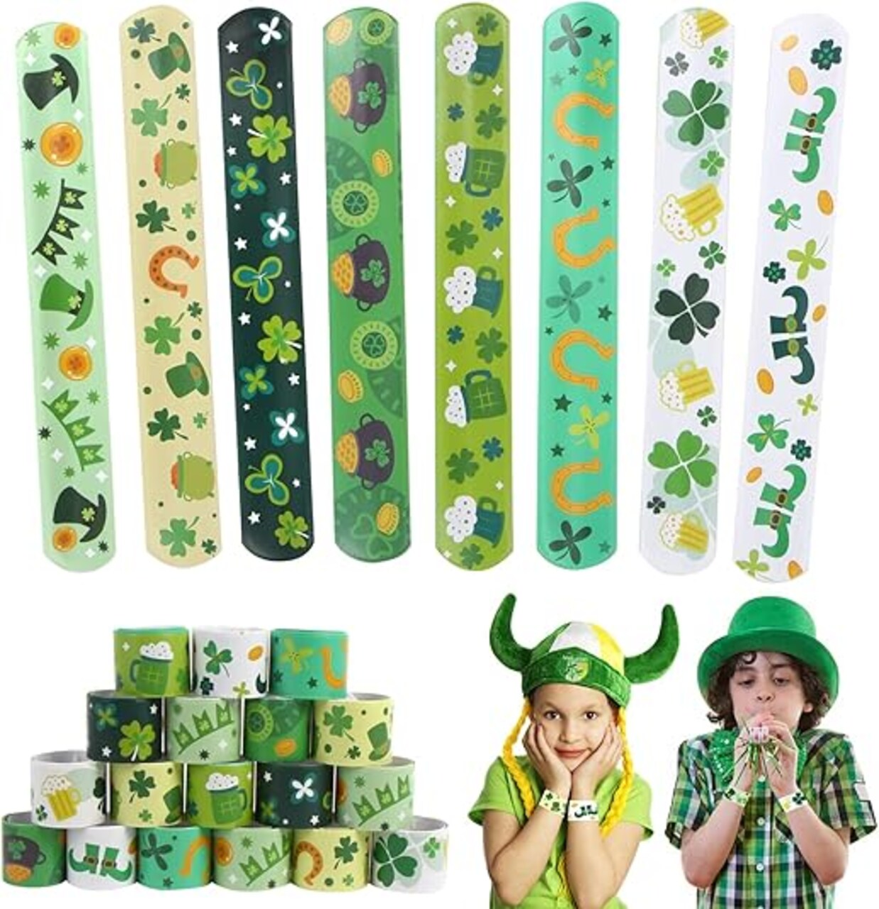 48pcs St. Patrick's Day Slap Bracelets, Lucky Shamrock Kids Snap Wristbands Toys for Irish St. Patty Party Supply